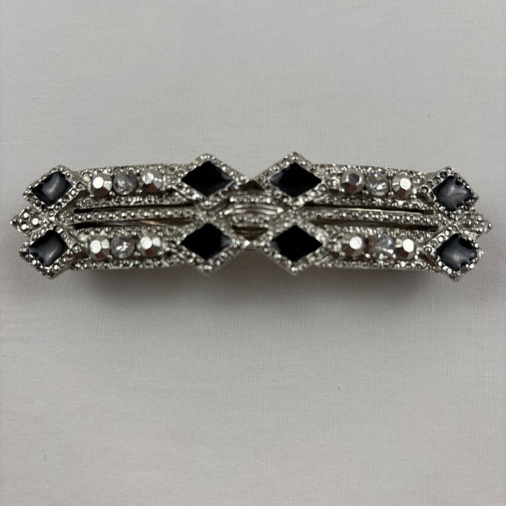 VTG Barrette Silver Tone Rhinestones Black Enamel Accents Hair Clasp France
